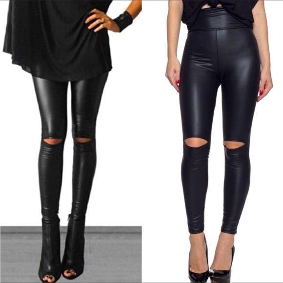 BLACK FAUX LEATHER KNEE CUT OUT SLICK LEGGINGS - Picture 6 of 6